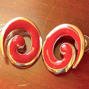 Vintage 80s RED Enamel Silver Toned Swirl Post Pierced Earrings